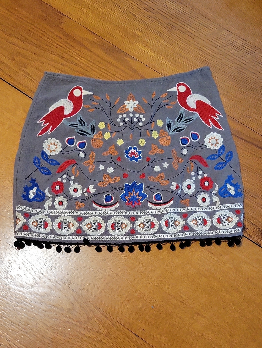 Umgee Grey Mini Skirt with Red Bird & Multicolor Floral Embroidery